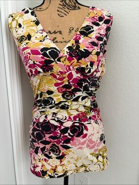 Floral Print V-Neck Sleeveless Top in Pink, Yellow, Cream & Black